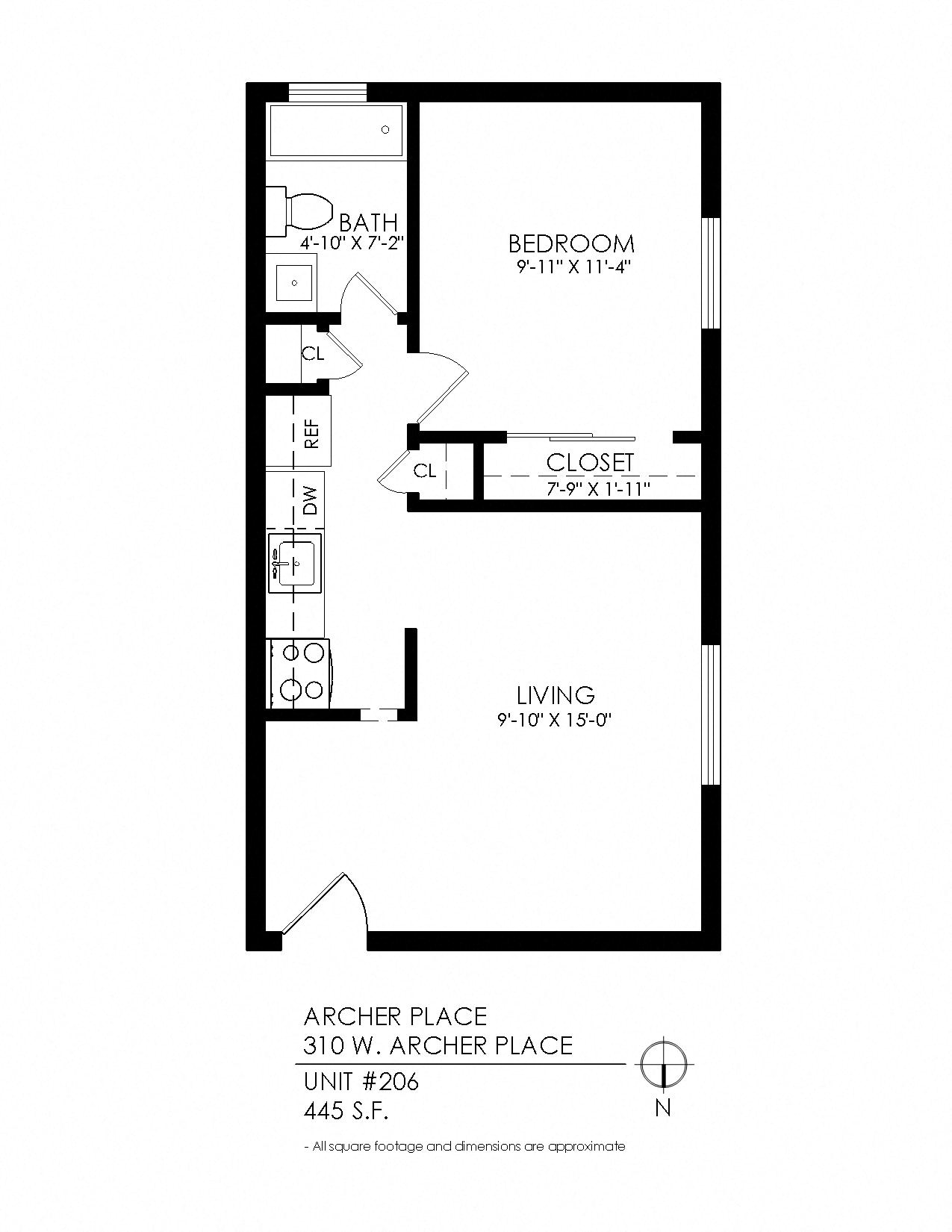 Floor plan for 1 bed, 1 bath, 445 sqft